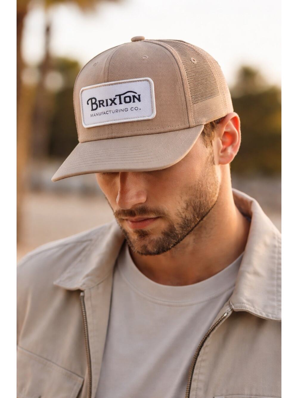 Brixton Trucker Hat Mens One Size Tan Snapback Patch Logo Cotton Blend NWT